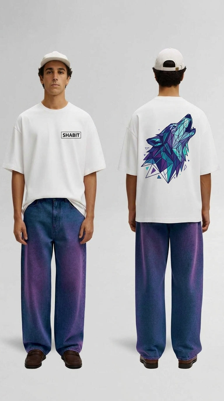 Geometric Wolf Oversized T-Shirt – White